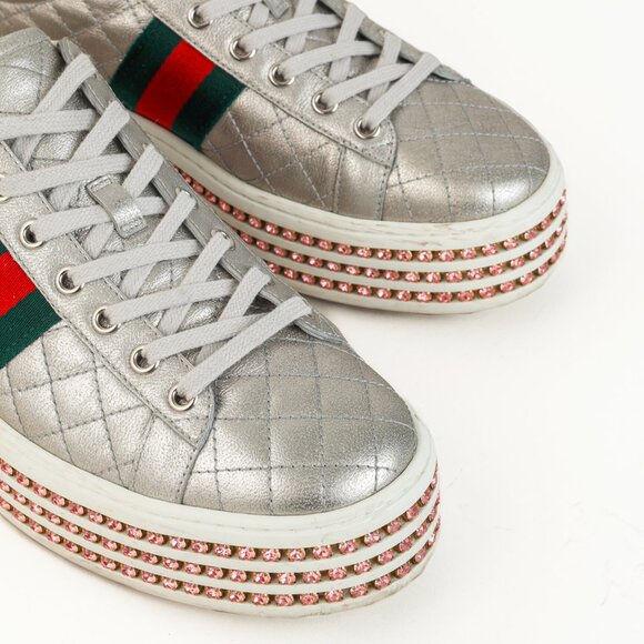 Gucci Ace Silver Quilted-Leather Bee-Webbing Crystal-Platform Sneakers - Picture 6 of 14
